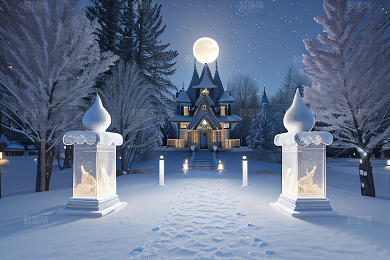 星光璀璨冰雪城堡的冬夜奇景