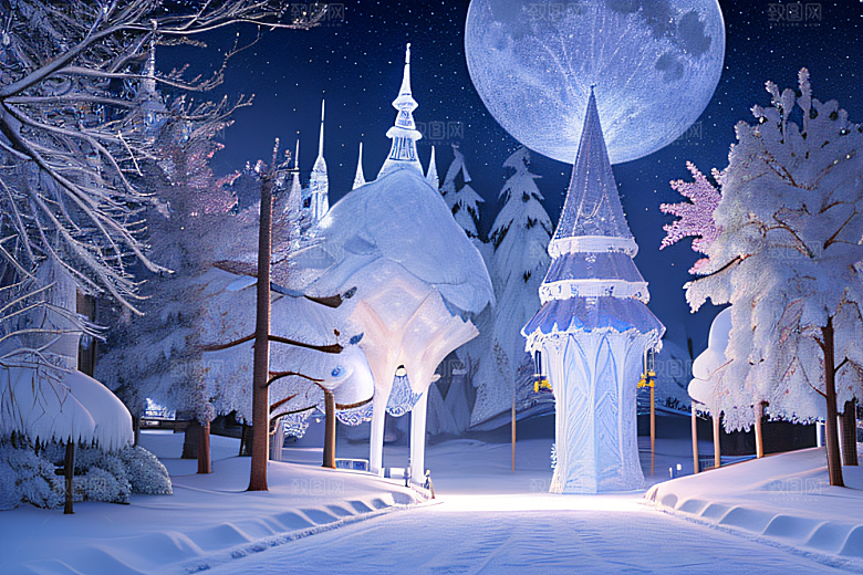 星光璀璨冰雪城堡的冬夜奇景