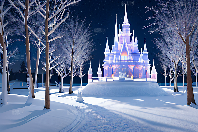 星光璀璨冰雪城堡的冬夜奇景