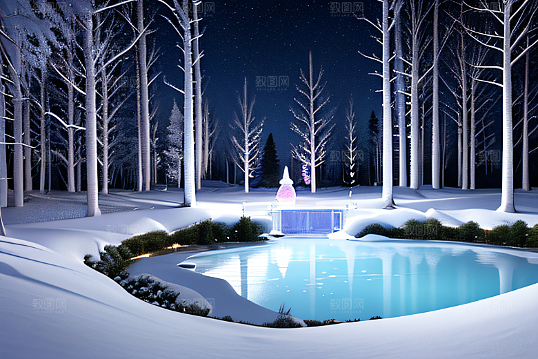 星光璀璨冰雪城堡的冬夜奇景