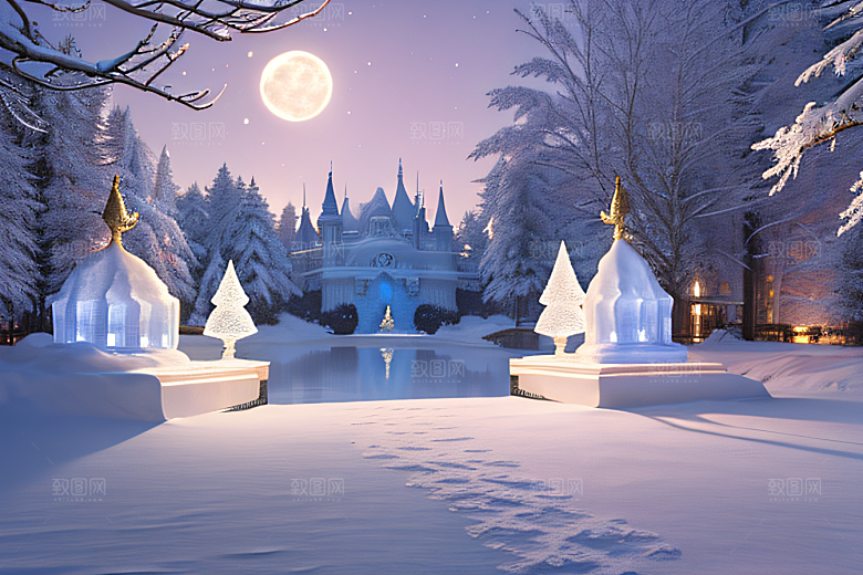 星光璀璨冰雪城堡的冬夜奇景