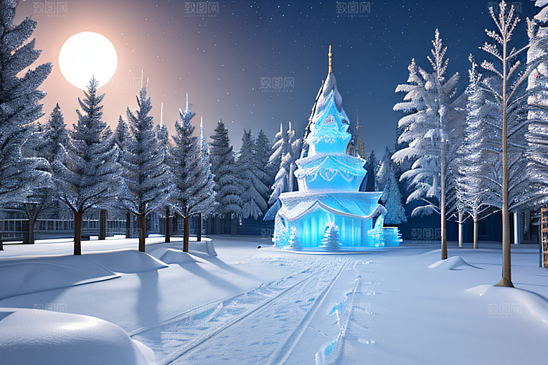 星光璀璨冰雪城堡的冬夜奇景