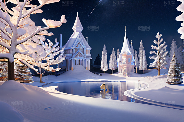 星光璀璨冰雪城堡的冬夜奇景
