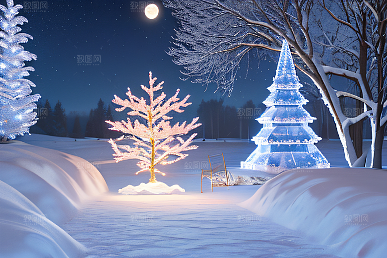 冰雪仙境美丽的冰雕与璀璨的水晶