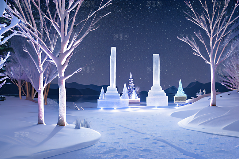 冰雪仙境美丽的冰雕与璀璨的水晶