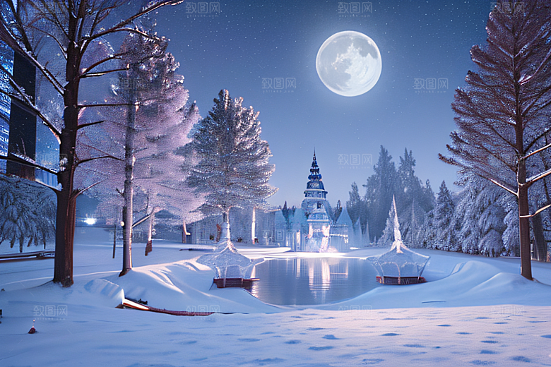 冰雪仙境美丽的冰雕与璀璨的水晶