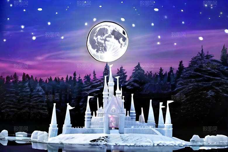 冬夜瑰丽冰雪城堡中的星光细节
