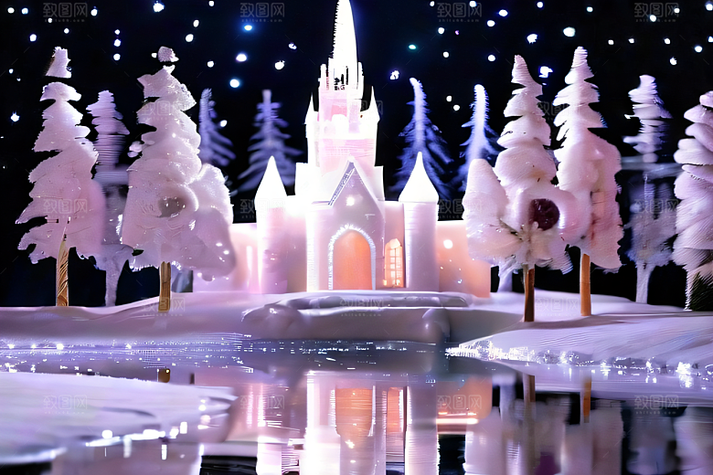 冰雪王国冰雪城堡中的粉色玫瑰