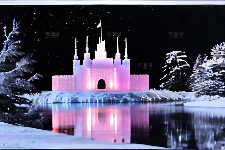 冰雪王国冰雪城堡中的粉色玫瑰