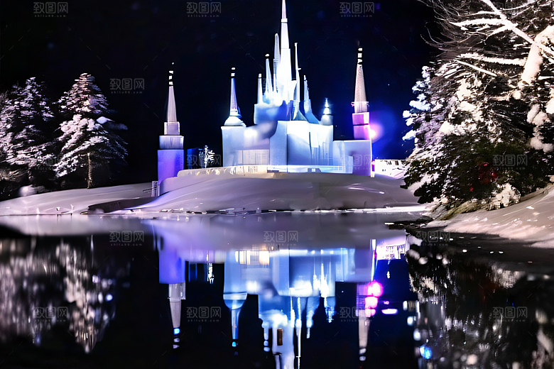 冰雪王国冰雪城堡中的粉色玫瑰