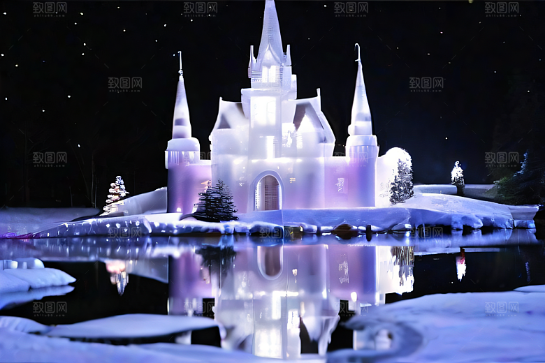 冰雪王国冰雪城堡中的粉色玫瑰