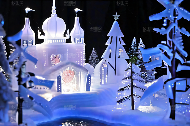 冰雪王国冰雪城堡中的粉色玫瑰