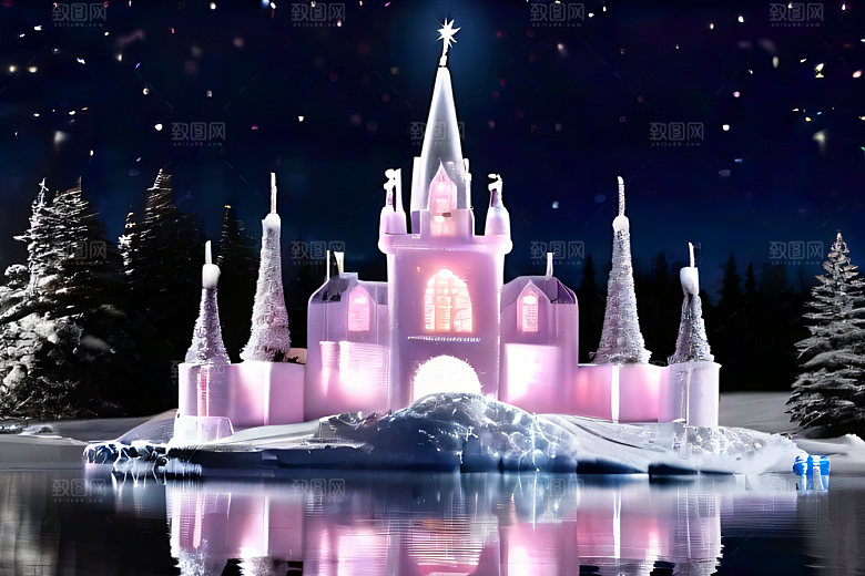 冰雪王国冰雪城堡中的粉色玫瑰