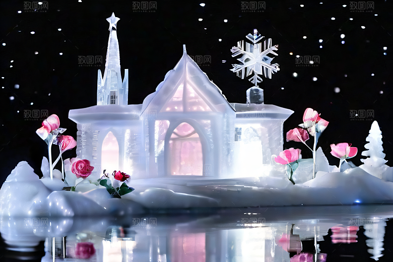 星光璀璨冰雪城堡的冬夜奇景