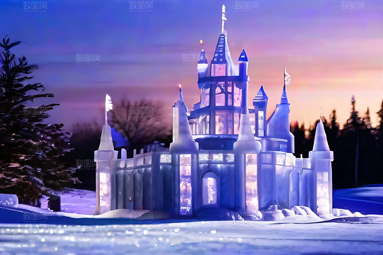 星光璀璨冰雪城堡的冬夜奇景