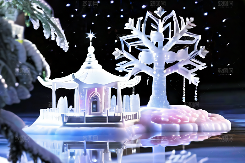 星光璀璨冰雪城堡的冬夜奇景