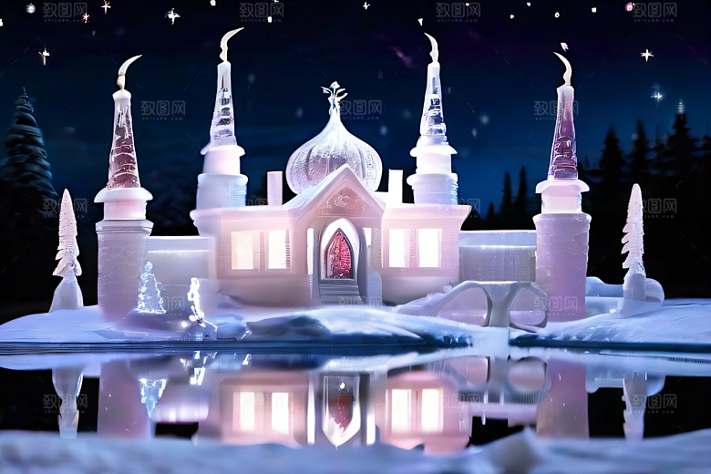 星光璀璨冰雪城堡的冬夜奇景