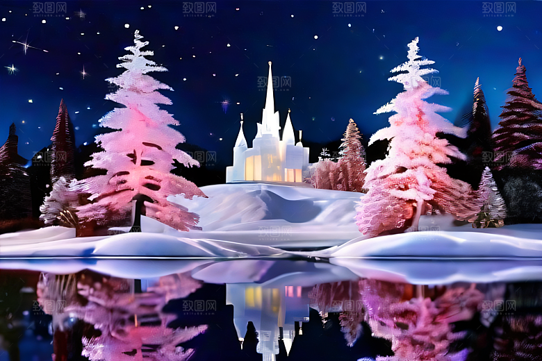星光璀璨冰雪城堡的冬夜奇景