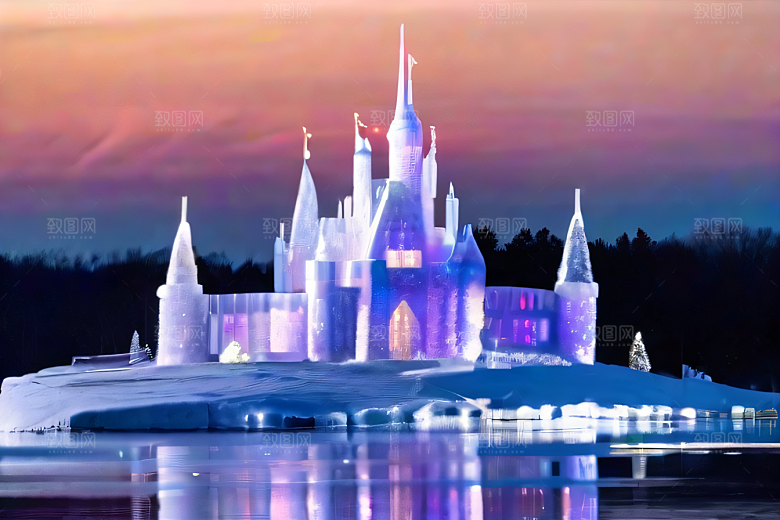 星光璀璨冰雪城堡的冬夜奇景