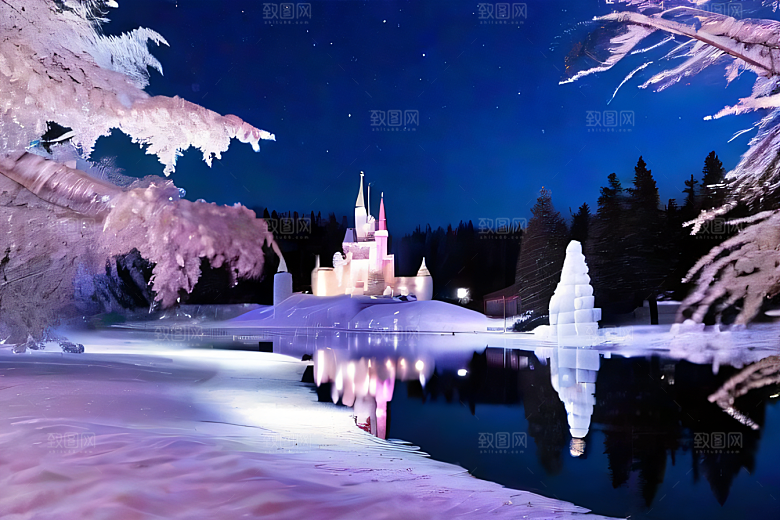 星光璀璨冰雪城堡的冬夜奇景