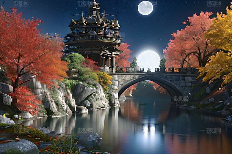 古风奇幻CG渲染流水桥梁与秋叶红