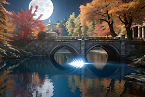 古风奇幻CG渲染流水桥梁与秋叶红
