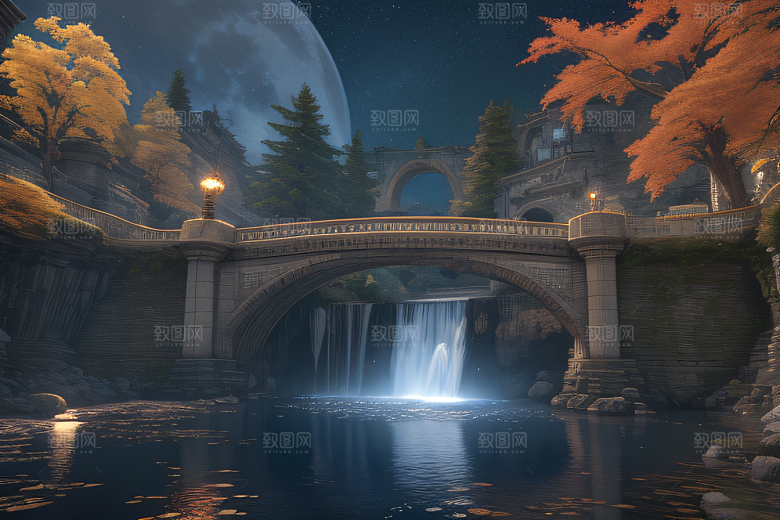 夜幕中的神秘奇景超广角视角与蓝色瀑布