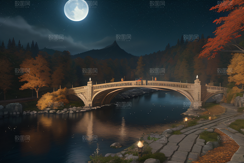 夜幕中的神秘奇景超广角视角与蓝色瀑布
