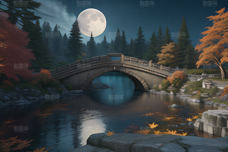 古风奇幻CG渲染流水桥梁与秋叶红