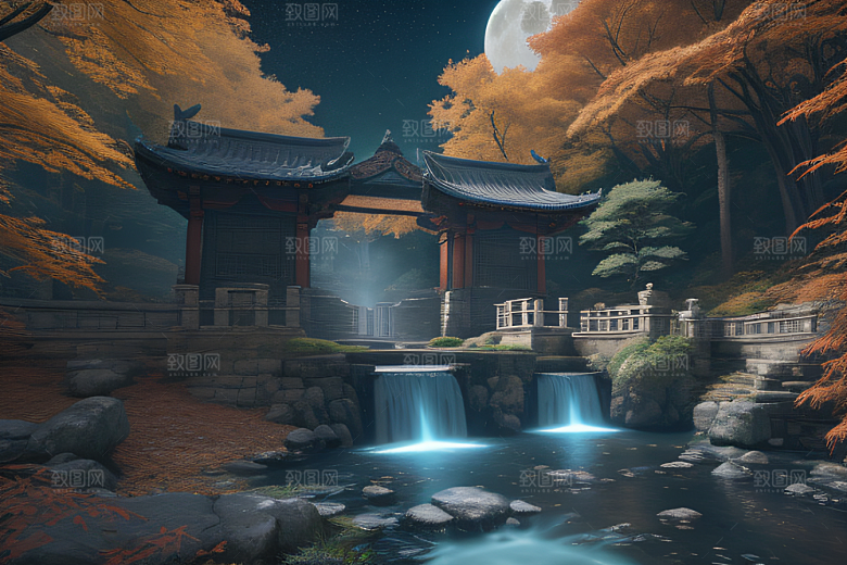美麗水景藍色瀑布與流動溪流