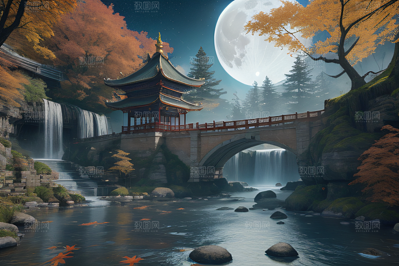 美麗水景藍色瀑布與流動溪流