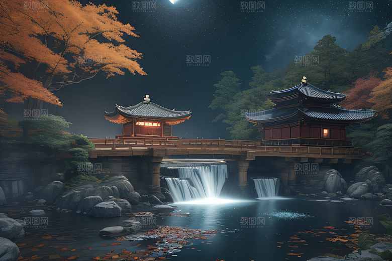 美麗水景藍色瀑布與流動溪流