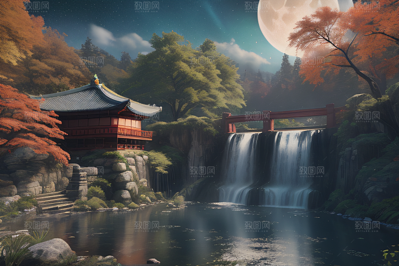 美麗水景藍色瀑布與流動溪流