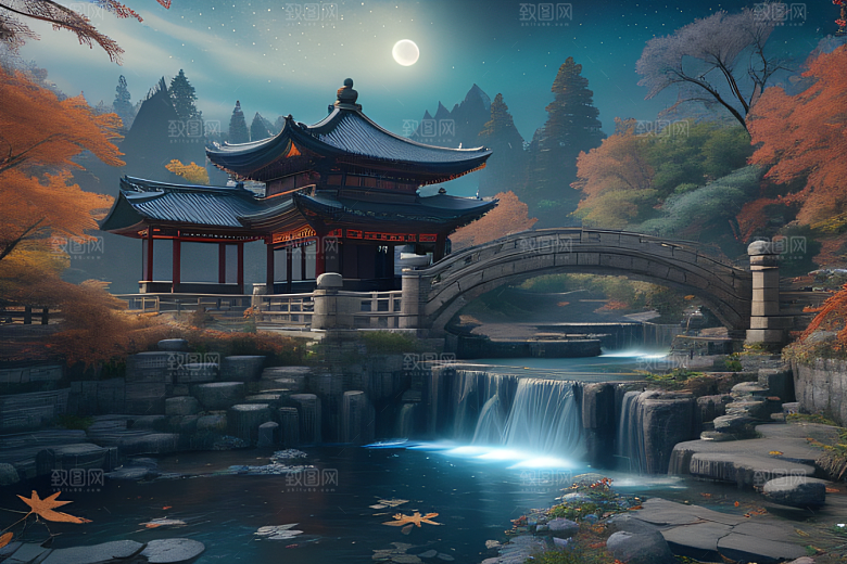 美麗水景藍色瀑布與流動溪流