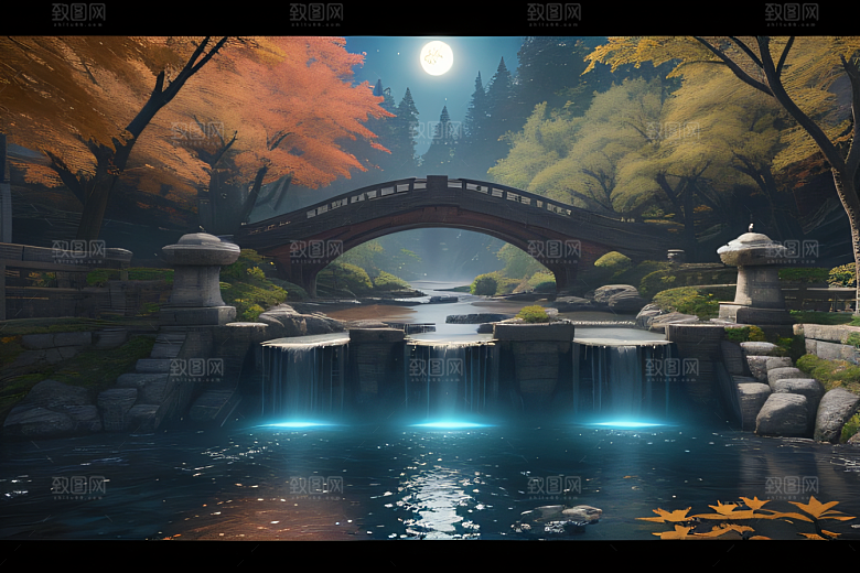 美麗水景藍色瀑布與流動溪流