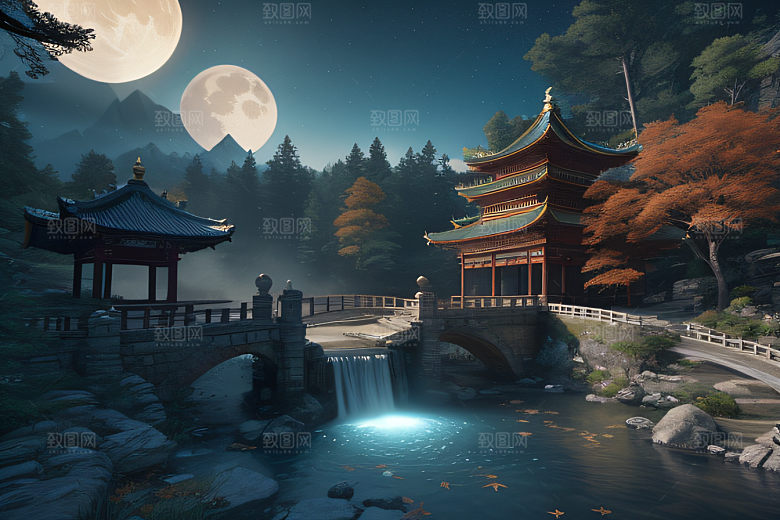 美麗水景藍色瀑布與流動溪流