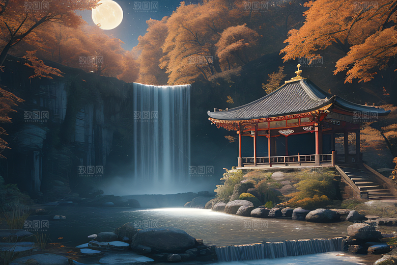 美麗水景藍色瀑布與流動溪流