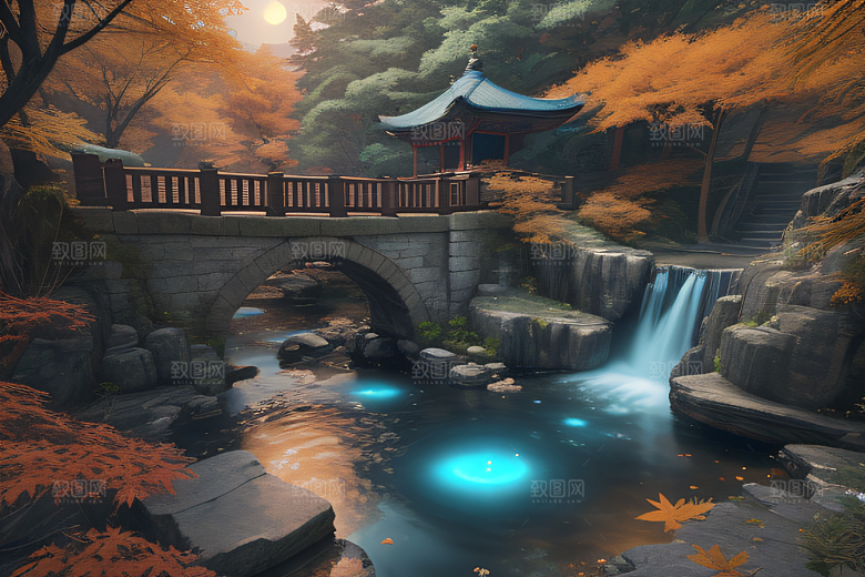 美麗水景藍色瀑布與流動溪流