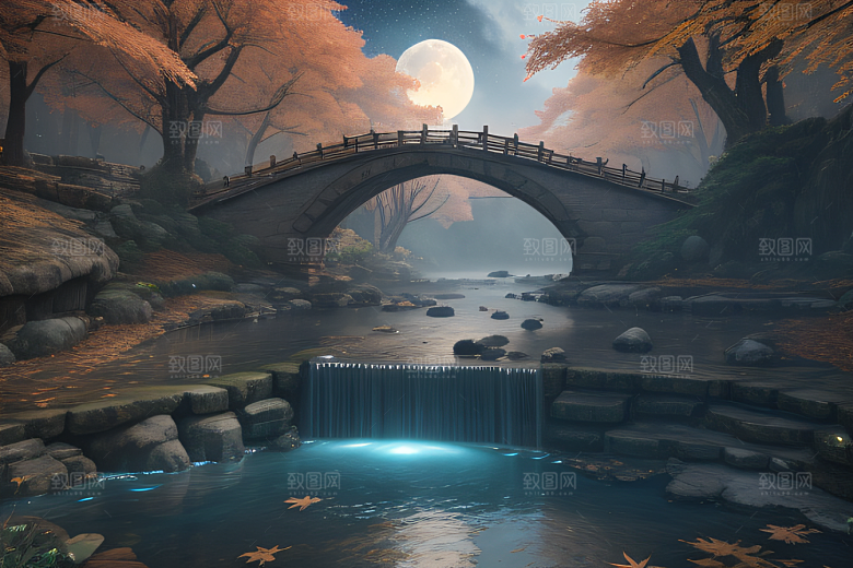 美麗水景藍色瀑布與流動溪流