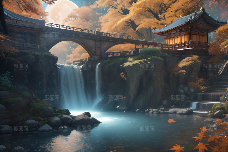 美麗水景藍色瀑布與流動溪流
