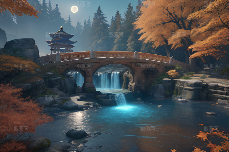 美麗水景藍色瀑布與流動溪流