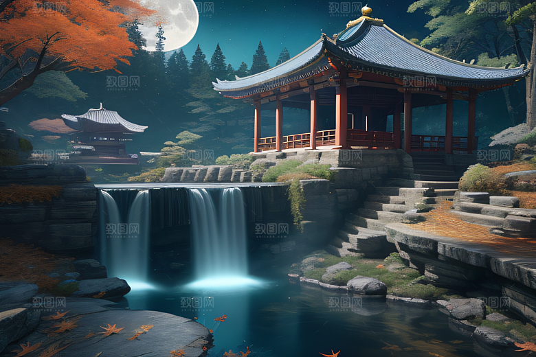 美麗水景藍色瀑布與流動溪流