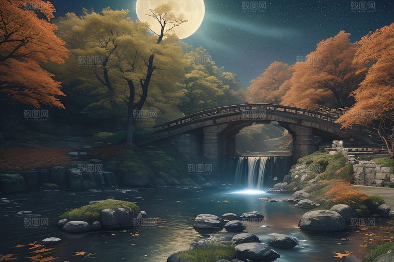 午夜藍瀑星空下巨大透明月亮