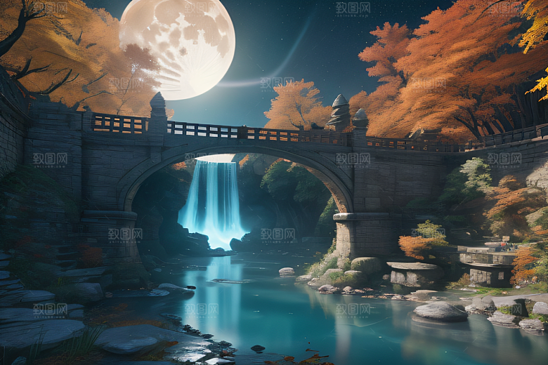 午夜藍瀑星空下巨大透明月亮