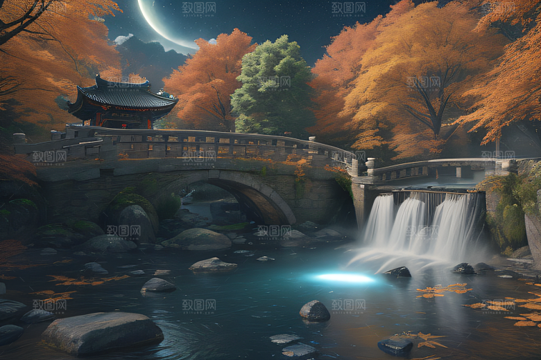午夜藍瀑星空下巨大透明月亮