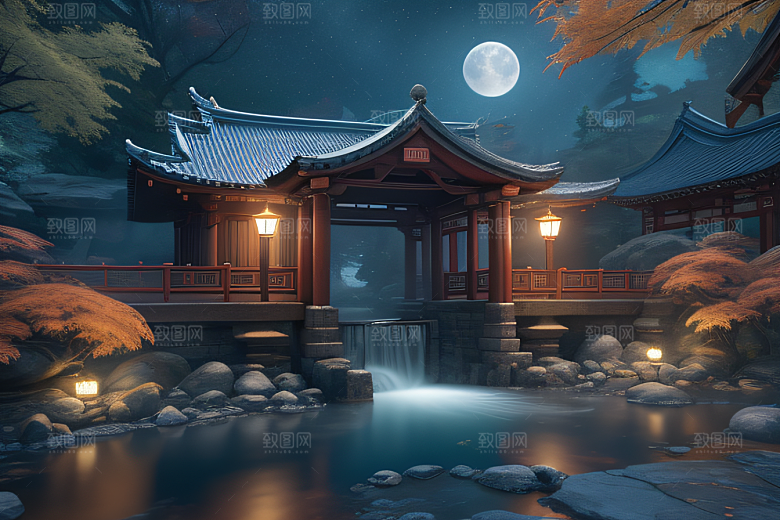 午夜藍瀑星空下巨大透明月亮