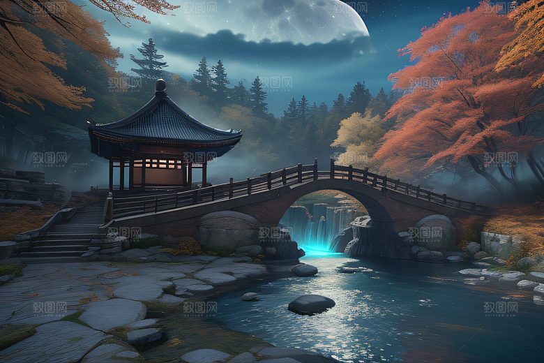 午夜藍瀑星空下巨大透明月亮