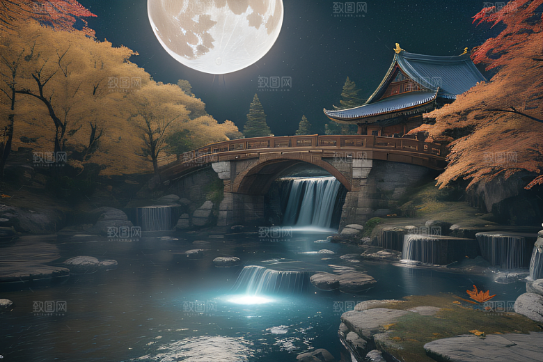 午夜藍瀑星空下巨大透明月亮