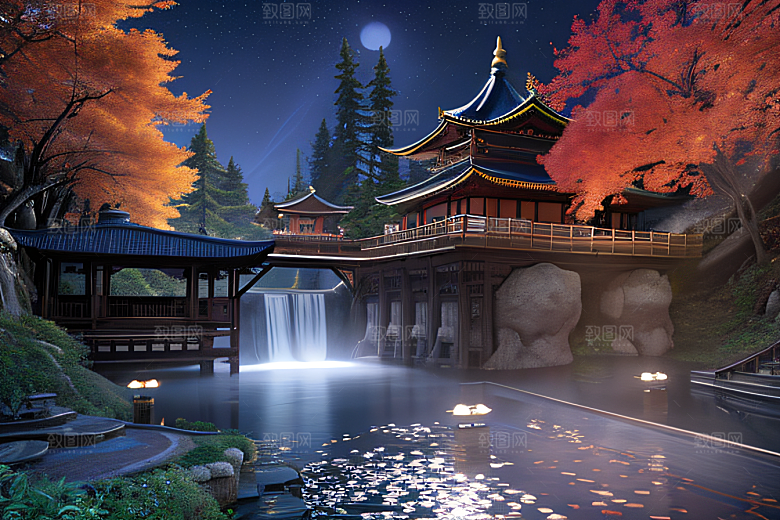 夢幻古代景觀流水橋梁與秋葉瀉落