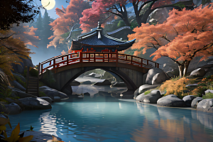 夢幻古代景觀流水橋梁與秋葉瀉落